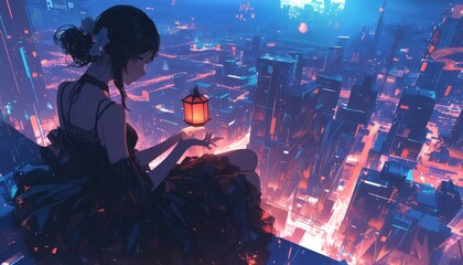 Fototapeta premium Elegant anime girl with a lantern on a skyscraper rooftop, stock market trends, isolated background, highquality financial and cultural imagery