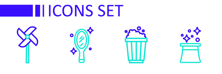 Set line Magician hat, Popcorn in cardboard box, hand mirror and Pinwheel toy icon. Vector