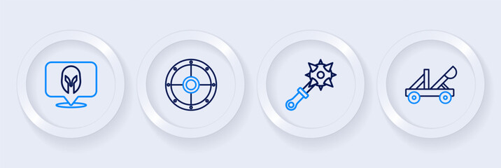 Set line Medieval catapult, Mace with spikes, Round shield and helmet icon. Vector