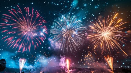 A vibrant display of fireworks explodes across the night sky, creating a dazzling spectacle of color and light Independence day of America