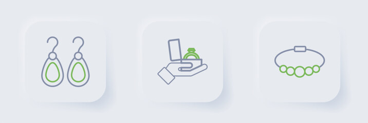 Set line Bracelet jewelry, Diamond engagement ring in box and Earrings icon. Vector