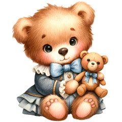 Fototapeta premium Watercolor illustration of a little bear in a fancy outfit, sitting and hugging a teddy bear, PNG on transparent background.