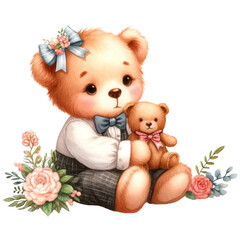 Watercolor illustration of a little bear in a fancy outfit, sitting and hugging a teddy bear, PNG on transparent background.