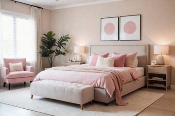 Fototapeta premium A family-friendly bedroom featuring a beige bed with storage underneath, a soft beige rug, pillows, and painting in a minimal style with pink color tone.