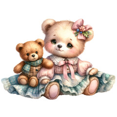 Watercolor illustration of a little bear in a fancy outfit, sitting and hugging a teddy bear, PNG on transparent background.