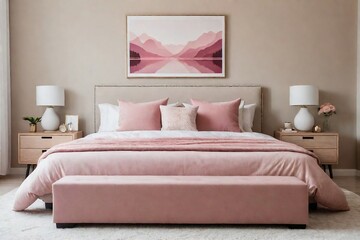 A family-friendly bedroom featuring a beige bed with storage underneath, a soft beige rug, pillows,  and painting in a minimal style with pink color tone.