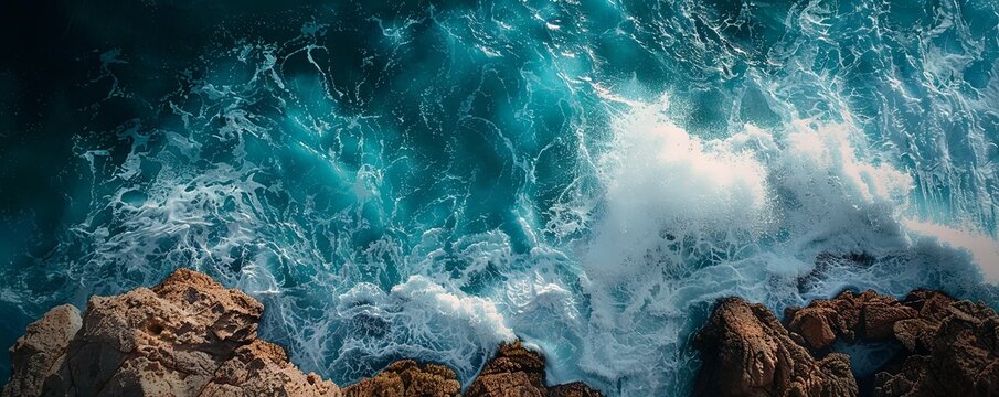 Dramatic Overhead Shot of Rugged Coastline. Natural Wallpaper, with Coastal Rocks and Crashing Waves.