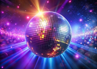 Vibrant disco ball reflecting shimmering lights in a lively atmosphere, dancing, celebration, nightclub, party, fun, sparkles, energy, vibrant, music, festive, disco lights, shiny