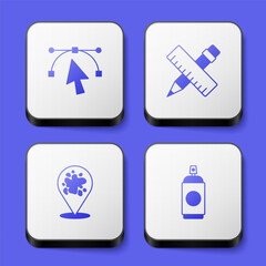 Set Bezier curve, Crossed ruler and pencil, Paint spray and can icon. White square button. Vector