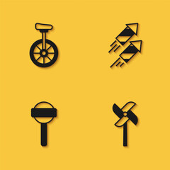 Set Unicycle, Pinwheel toy, Lollipop and Firework rocket icon with long shadow. Vector