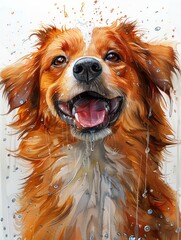 A joyful painting of a wet, happy dog smiling with water droplets splashing around. Perfect for pet lovers and animal-themed decor.