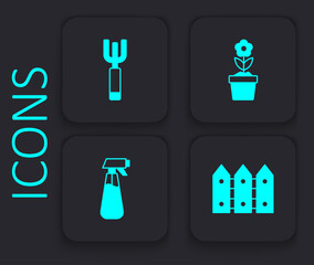 Set Garden fence wooden, pitchfork, Flower in pot and sprayer water icon. Black square button. Vector