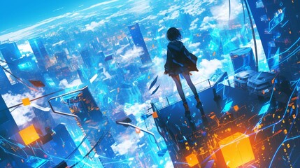 Elegant anime girl on a skyscraper rooftop with a glowing lantern, stock market graph lines in the backdrop, isolated white background, ideal for financial growth visuals