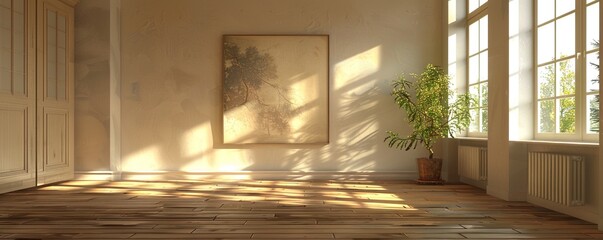 Empty room with a picture hanging on the wall. Generative AI