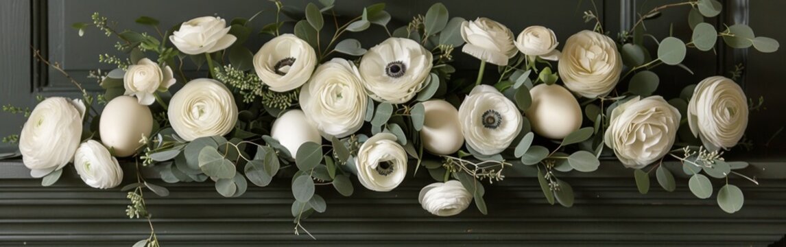 A beautiful floral arrangement featuring white ranunculus flowers and eucalyptus leaves rests on a dark green surface, creating a festive Easter table centerpiece in Lipik.