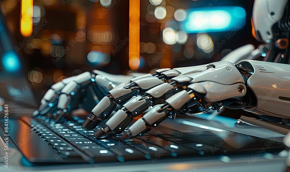 Poster futuristic robot hands typing on a laptop generative ai image