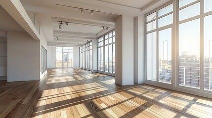 Fototapeta premium Bright and open empty condominium apartment, wooden flooring, modern fixtures, ideal for designers
