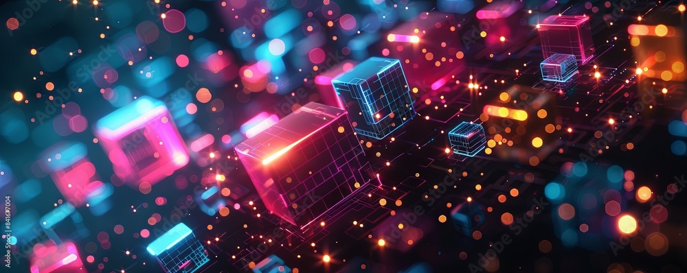 Poster generative ai abstract illustration of geometric shapes and structures in colorful neon colors and l