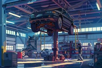Mechanic Inspecting a Car Elevated on a Hydraulic Lift in a Well-Equipped Garage
