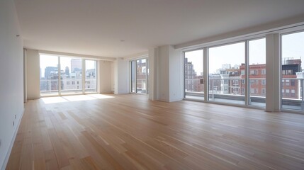 Fototapeta premium Empty condo apartment with hardwood floors, large open living area, ideal for designers
