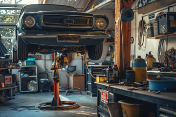 Car Maintenance in Progress: Vehicle on Hydraulic Lift for Oil Change in Professional Garage Setting