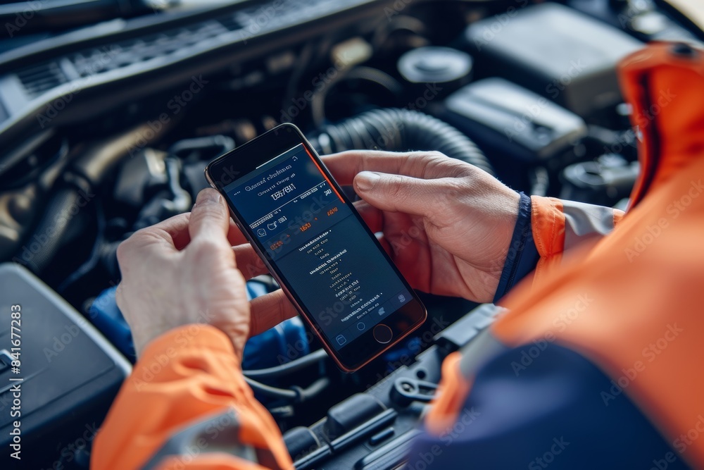 Poster car owner using smartphone app for vehicle engine health diagnostics and monitoring