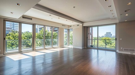 Obraz premium Spacious and light-filled empty condo, modern architecture, ideal for interior design