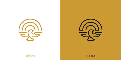 Minimalist Modern Eagle Sun Logo Design. Flying Bird, Falcon, Hawk, Eagle with Lineart Outline Style. Icon, Symbol, Vector, Design Template.