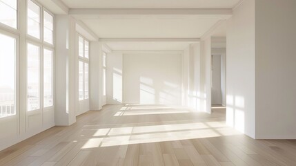 Fototapeta premium Minimalist empty condo space, abundant light, neutral décor, perfect for design projects