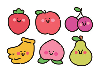 Set of hand drawn outline illustrations of fruit concepts in doodle style. The strawberry, apple, cherry, banana, peach, and pear characters have cute facial expressions.