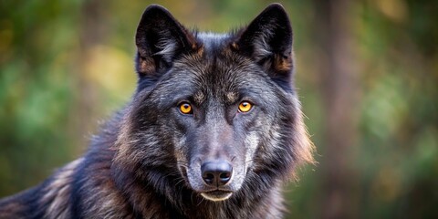 Black wolf with piercing eyes staring intensely at the viewer, predator, wildlife, animal, intense, gaze, wilderness, fierce, hunt, fear, eyes, fur, wild, mammal, dark, nature, beast