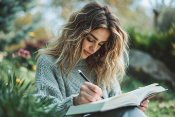 Obraz premium Young Woman Writing in a Notebook Outdoors