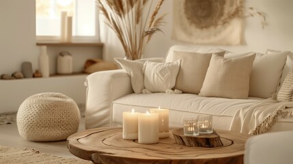 interior of cozy light living room with beige sofa, pillows and candles, modern and stylish domestic room concept