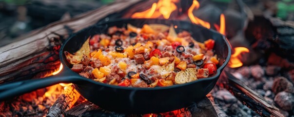 Campfire nachos in a cast iron skillet, glowing fire, rustic camp setup, watercolor, soft colors, peaceful scene