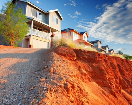 A row of houses, some under construction, stand on the edge of a steep red clay cliff in Lipik. The houses have modern designs and offer a picturesque view of the surrounding landscape.