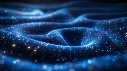 Blue undulating surface with glowing particles.