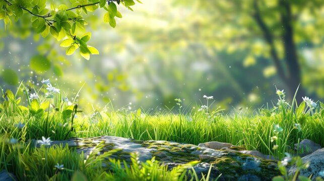 A lush green meadow in Lipik, Croatia, bathed in the golden light of the sun. The vibrant green grass is dotted with delicate white wildflowers, creating a breathtaking natural scene.