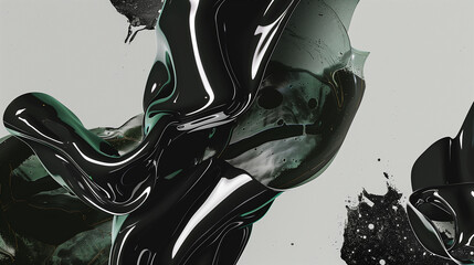 Fluid, glossy black shapes with intricate forms on a light background.