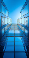 Obraz premium Modern glass buildings with blue sky reflection.