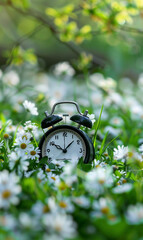 vintage classic alarm clock in colorful flowers and green grass of meadow, wake up and deadline concept
