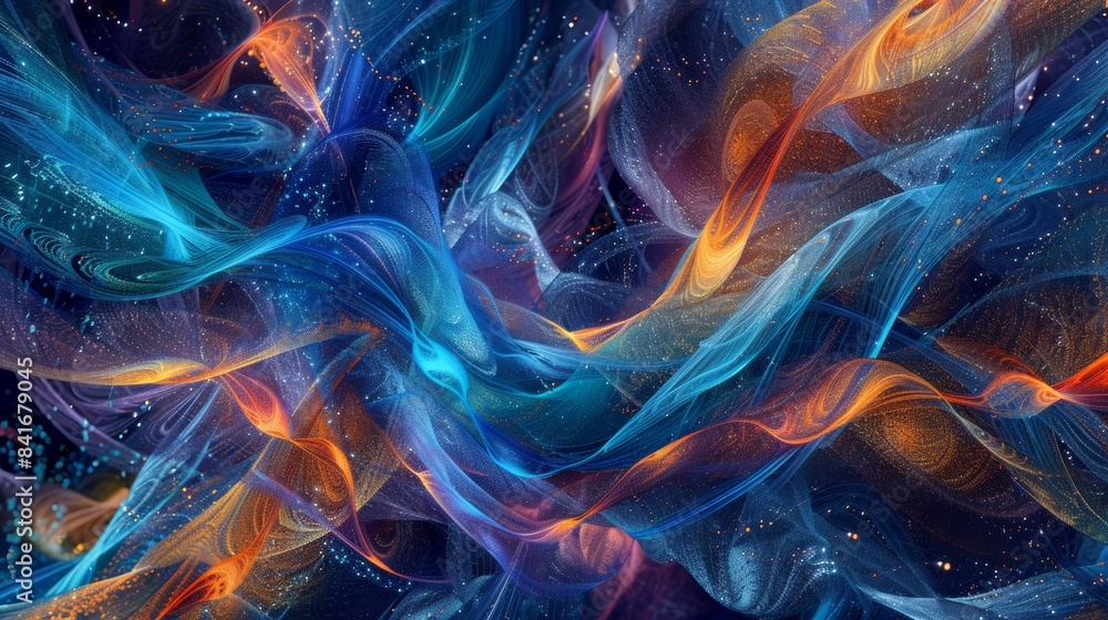 Poster A mesmerizing digital painting of electroluminescent wires intertwining and forming intricate patterns, reminiscent of a celestial tapestry.