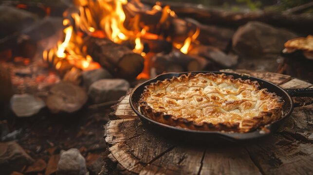 Vintagestyle campfire pie scene, enamelware plates and oldfashioned pie irons, Vintage, Sepia tones, Soft lighting, Medium shot