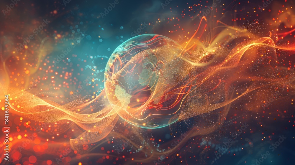 Poster a mesmerizing digital painting portraying 5g communication waves swirling around the globe, resembli