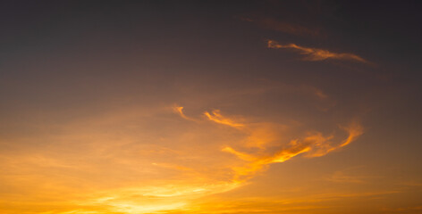 Sunset Sky, Evening sky clouds with orange, yellow sunlight in golden hour, Horizon dusk sky in summer backgrounds