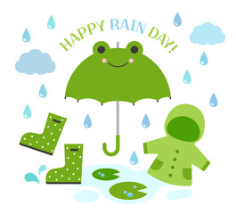 Illustration set of summer rainy season concept. Frog-shaped umbrella, green raincoat, green rain boots, lotus leaf illustration and 'HAPPY RAIN DAY!' Combination of typography.