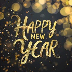 A Happy New Year sign in gold on a black background with gold bokeh effects. The writing sparkles.