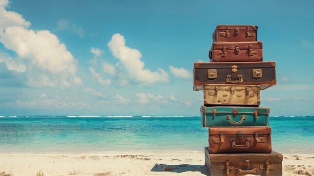 stack of old fashioned vintage suitcases on sunny beach with white sand and blue water, travel vacations and holidays concept background