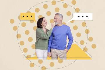 Photo collage composite trend artwork sketch image of speech bubble textbox mind cloud sms message aged couple man woman date together