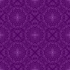 Purple batik seamless pattern. Mandala lotus flower batik hand drawn pattern. Traditional motif background. Good for fabric, fashion design, textile, wallpaper, wrapping paper, clothing, floral print,