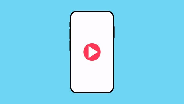 Smartphone appearing on screen with red play button in the middle. Play button being clicked. Blue background.